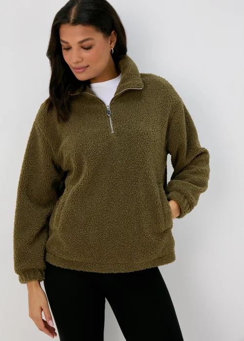 Khaki Half Zip Borg Pullover - S Image 1