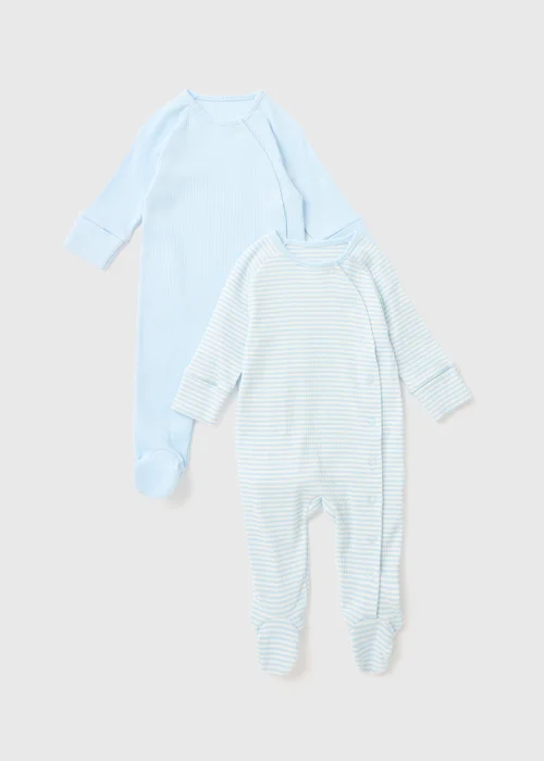 Baby 2 Pack Blue Layette Ribbed Sleepsuit (Newborn-12mths) - Newborn Image 1