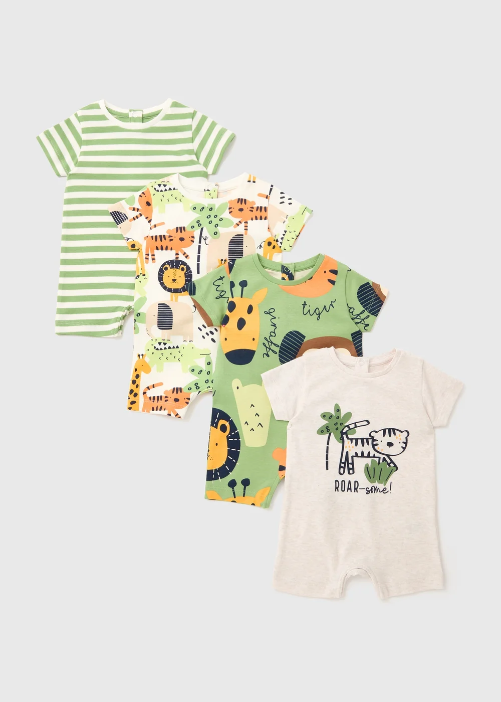 Baby 4 Pack Multicolour Jungle Rompers (Tiny Baby-18mths) - 0-3 months Image 1