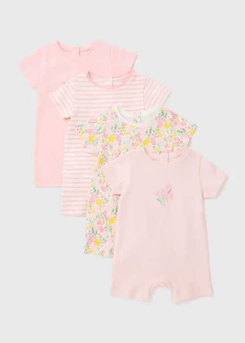 Baby 4 Pack Multicoloured Floral Rompers (Tiny Baby-18mths) - 0-3 months Image 1