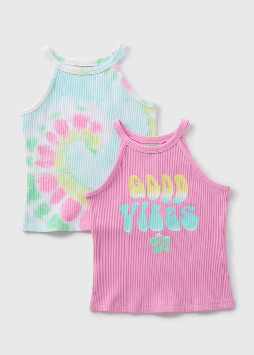 Girls 2 Pack Multicolour Good Vibes Vests (7-13yrs) - Age 7 Years Image 1