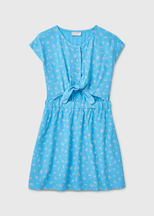 Girls Blue Tie Front Floral Viscose Dress (7-13yrs) - 7 Yrs Image 1