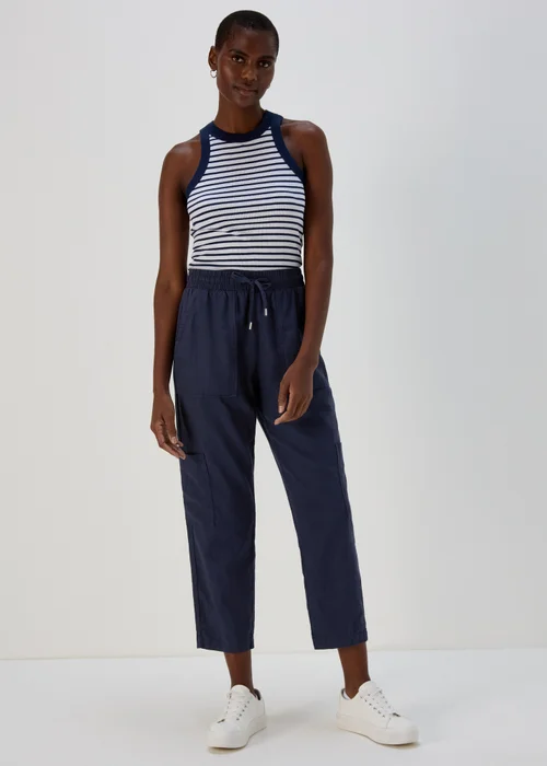 Navy Linen Tapered Cargo Trousers - 8 Image 4