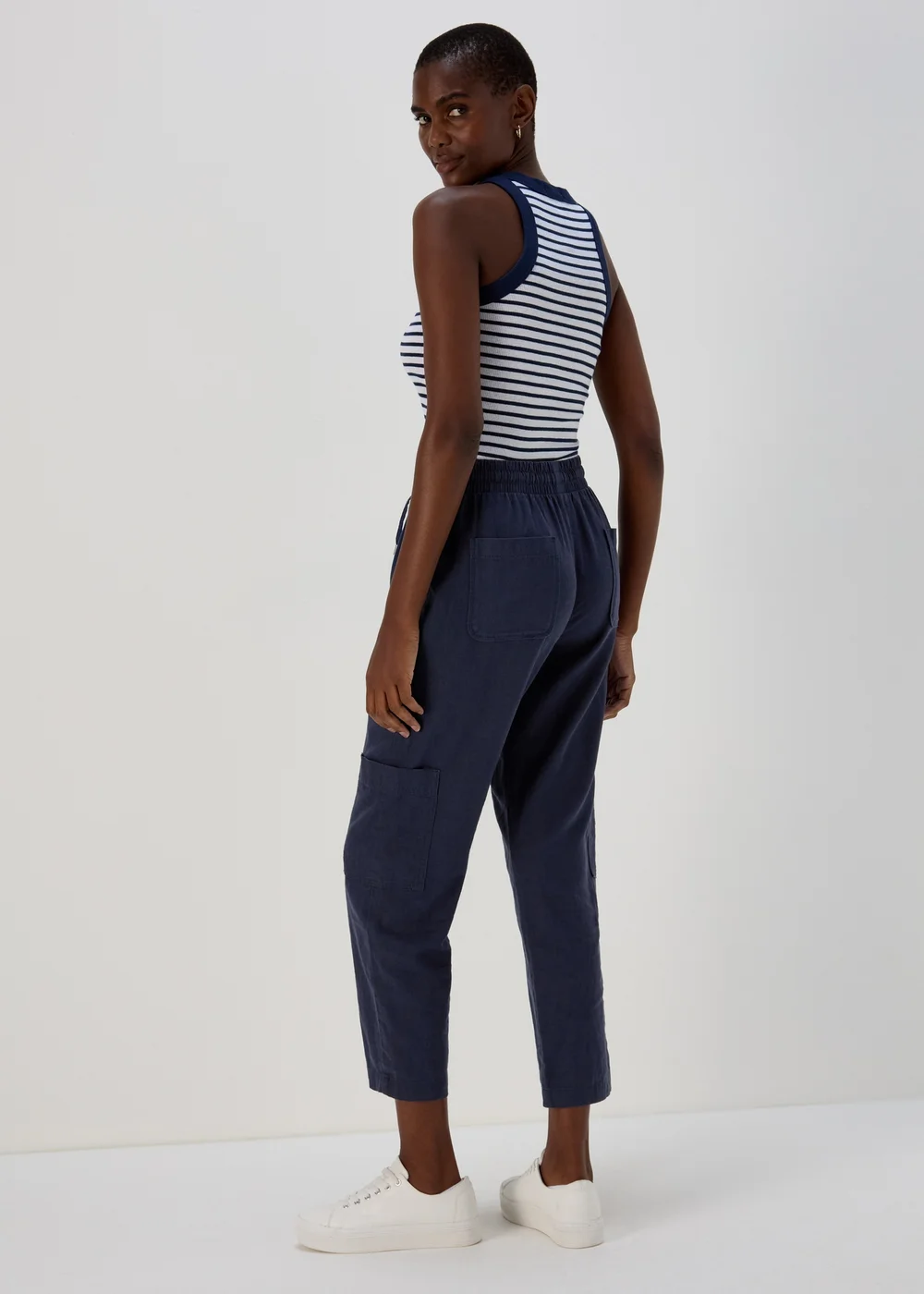 Navy Linen Tapered Cargo Trousers - 8 Image 2