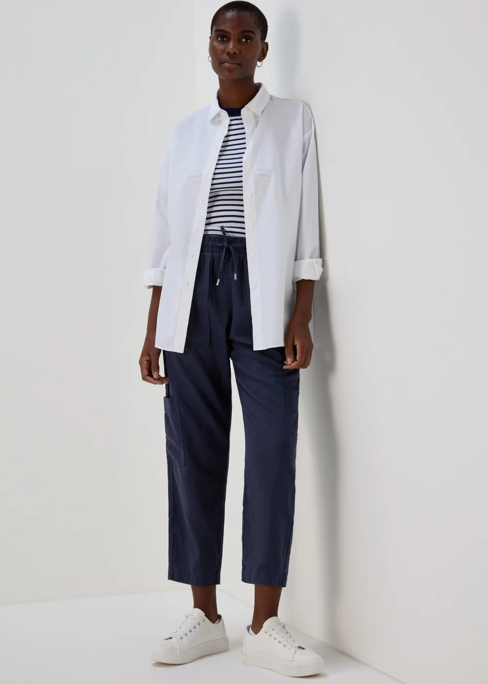 Navy Linen Tapered Cargo Trousers - 8 Image 1