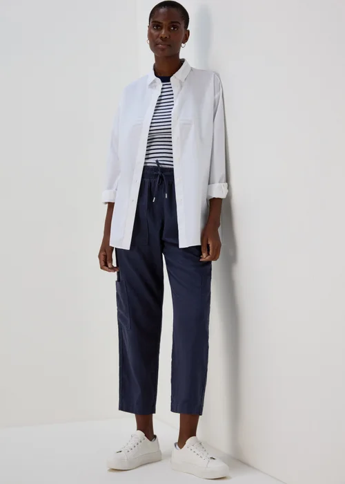 Navy Linen Tapered Cargo Trousers - 8 Image 1