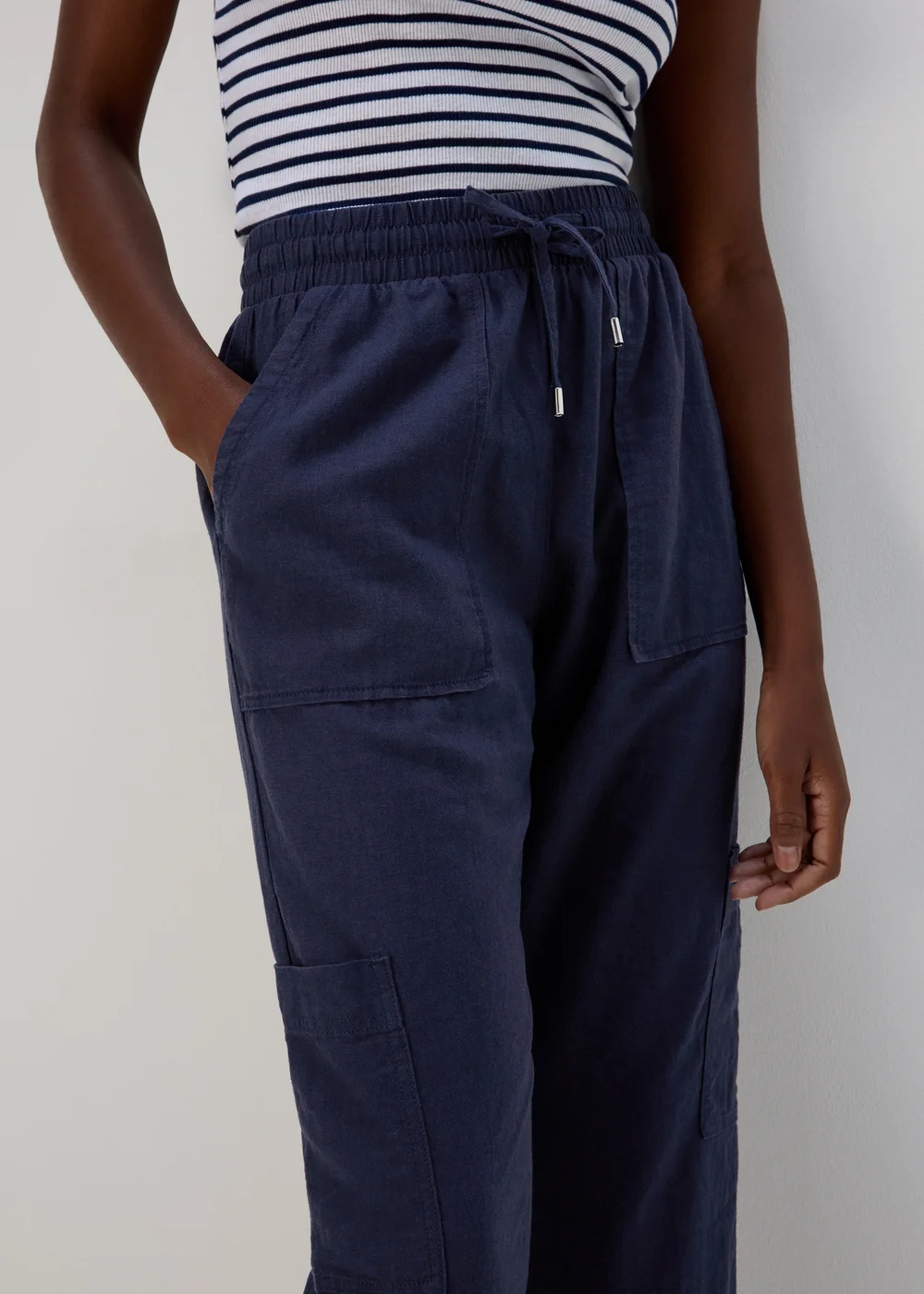 Navy Linen Tapered Cargo Trousers - 8 Image 3