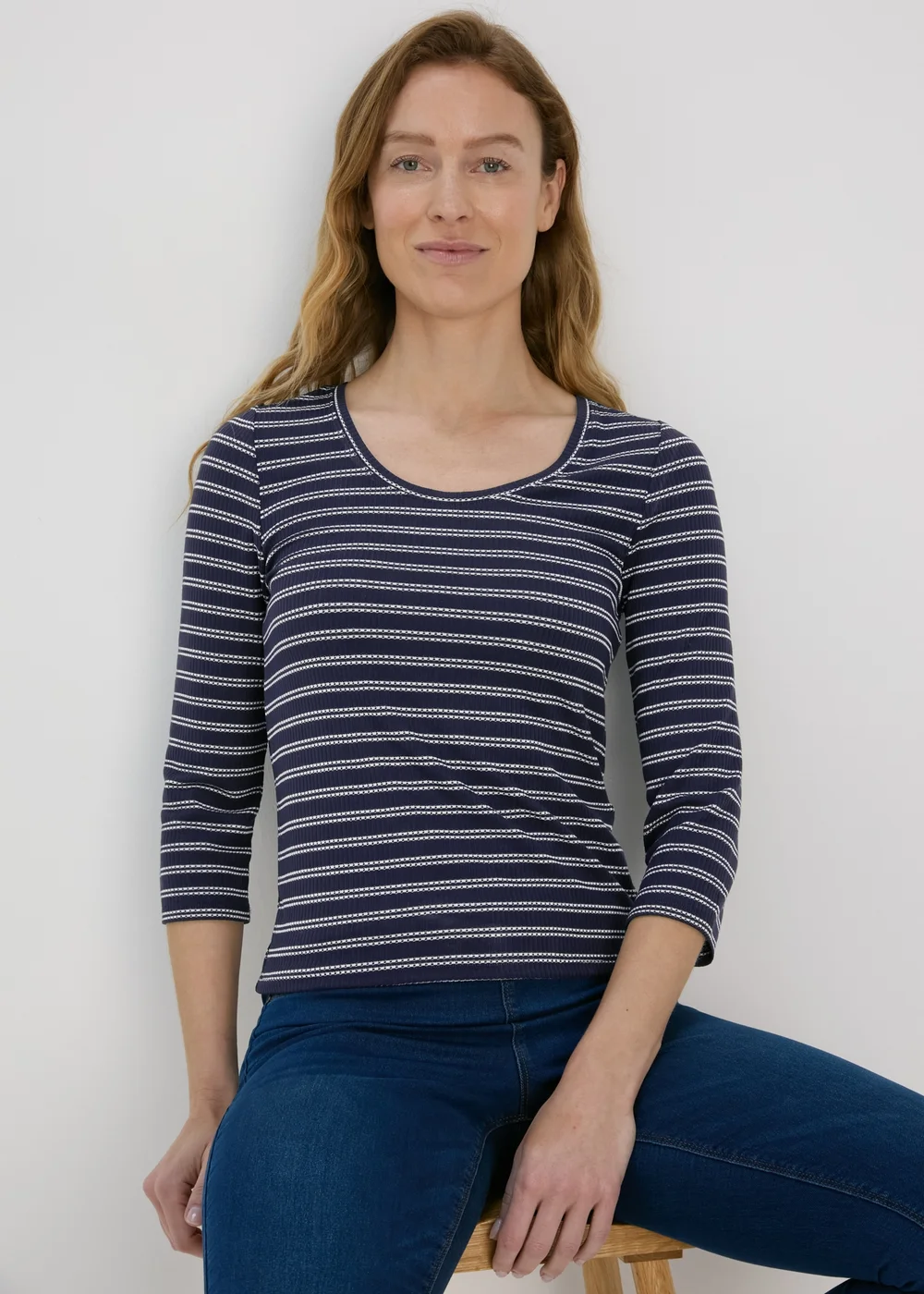 Navy 3/4 Sleeve Stripe T-Shirt - 8 Image 1