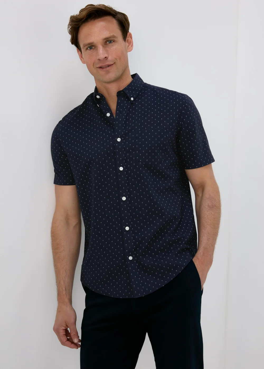 Navy Print Oxford Short Sleeve Shirt - Small Image 1