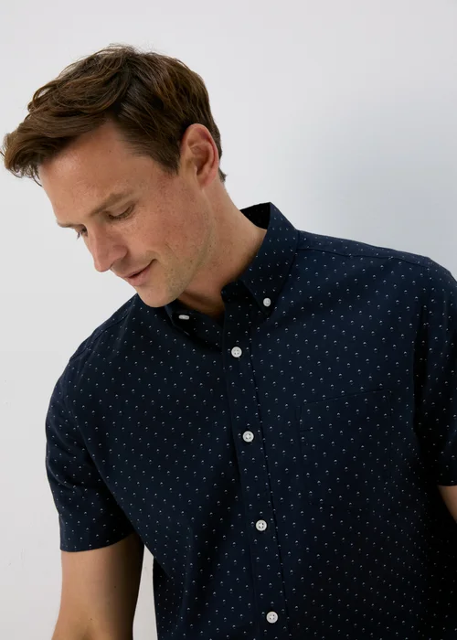 Navy Print Oxford Short Sleeve Shirt - Small Image 3