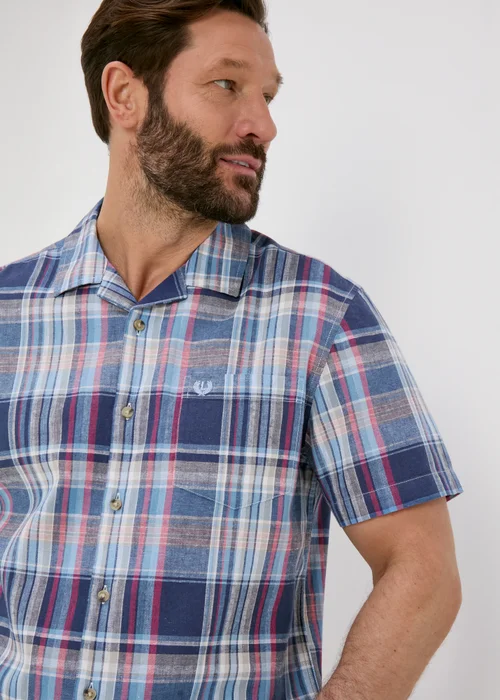 Lincoln Multicolour Blue Check Revere Linen Shirt - S Image 1