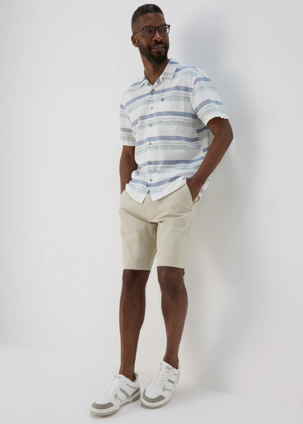 White Linen Horizontal Stripe Revere Shirt - S Image 4