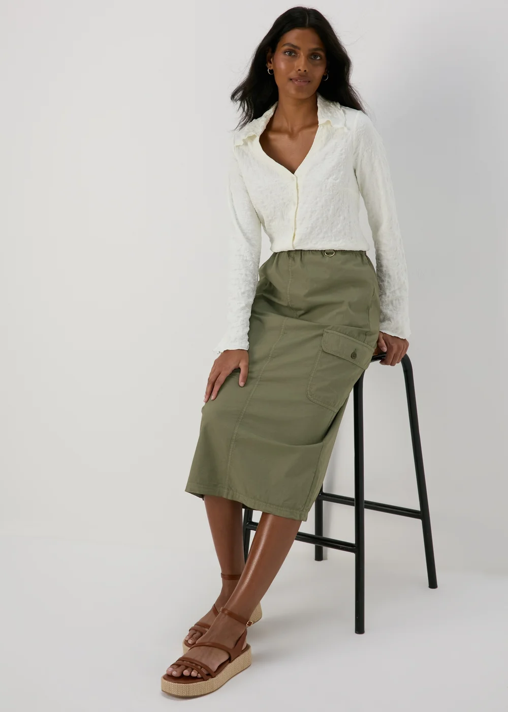 Khaki Cargo Utility Midi Skirt - 8 Image 4