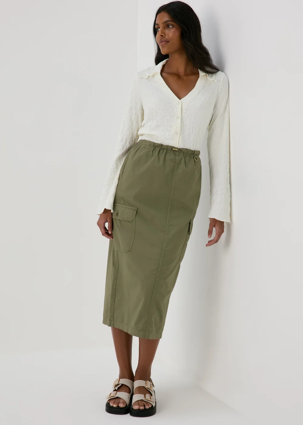 Khaki Cargo Utility Midi Skirt - 8 Image 1