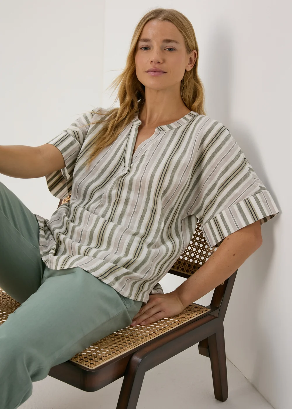 Green Stripe Linen Popover Top - 8 Image 1