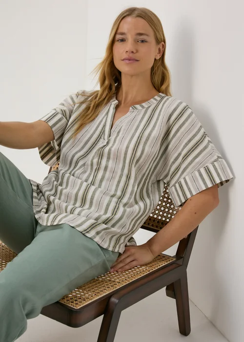 Green Stripe Linen Popover Top - 8 Image 1