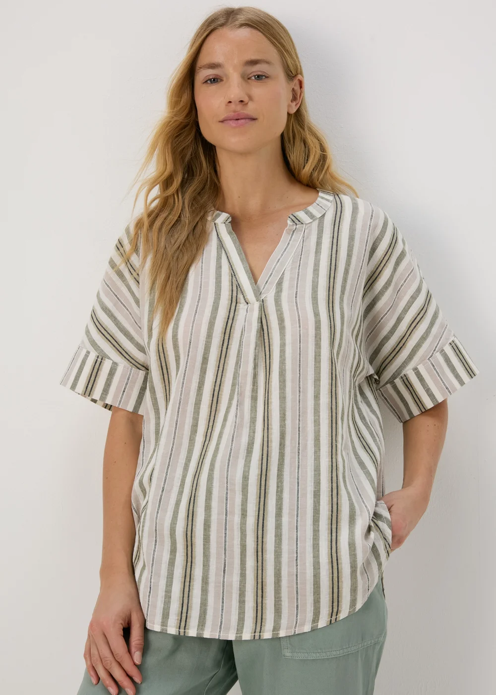 Green Stripe Linen Popover Top - 8 Image 3