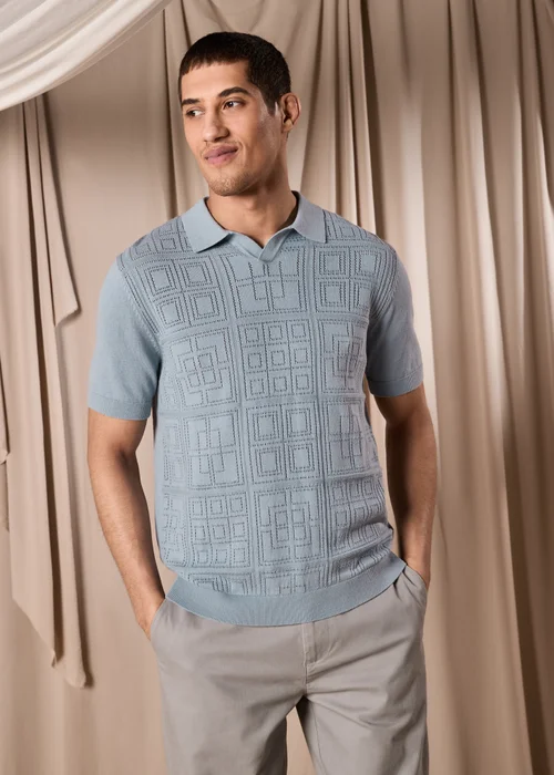 Blue Pointelle Smart Knitted Polo - S Image 3