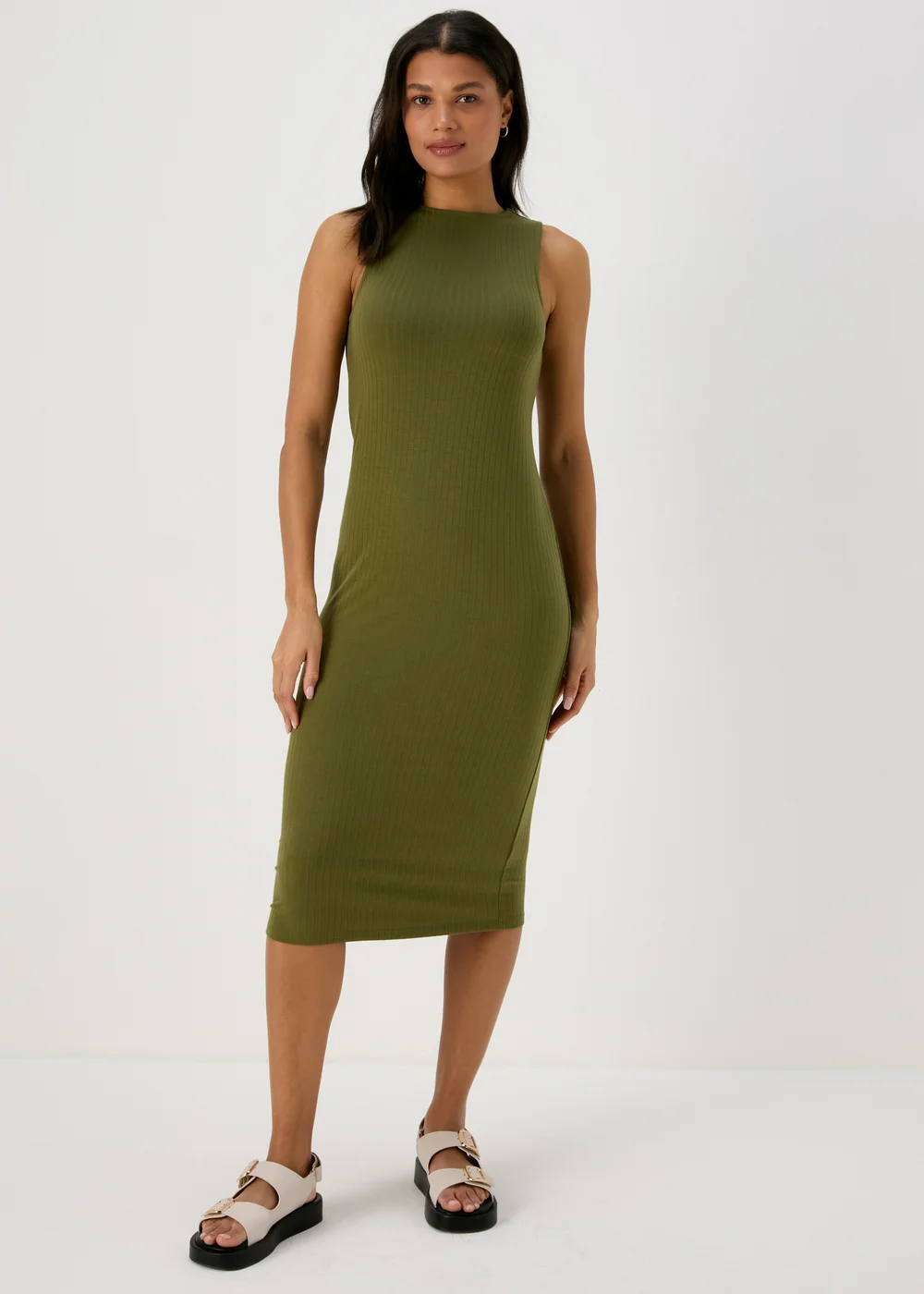 Khaki Racer Ribbed Midi Dress - 8 Image 1