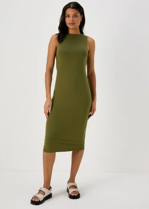 Khaki Racer Ribbed Midi Dress - 8 Image 1