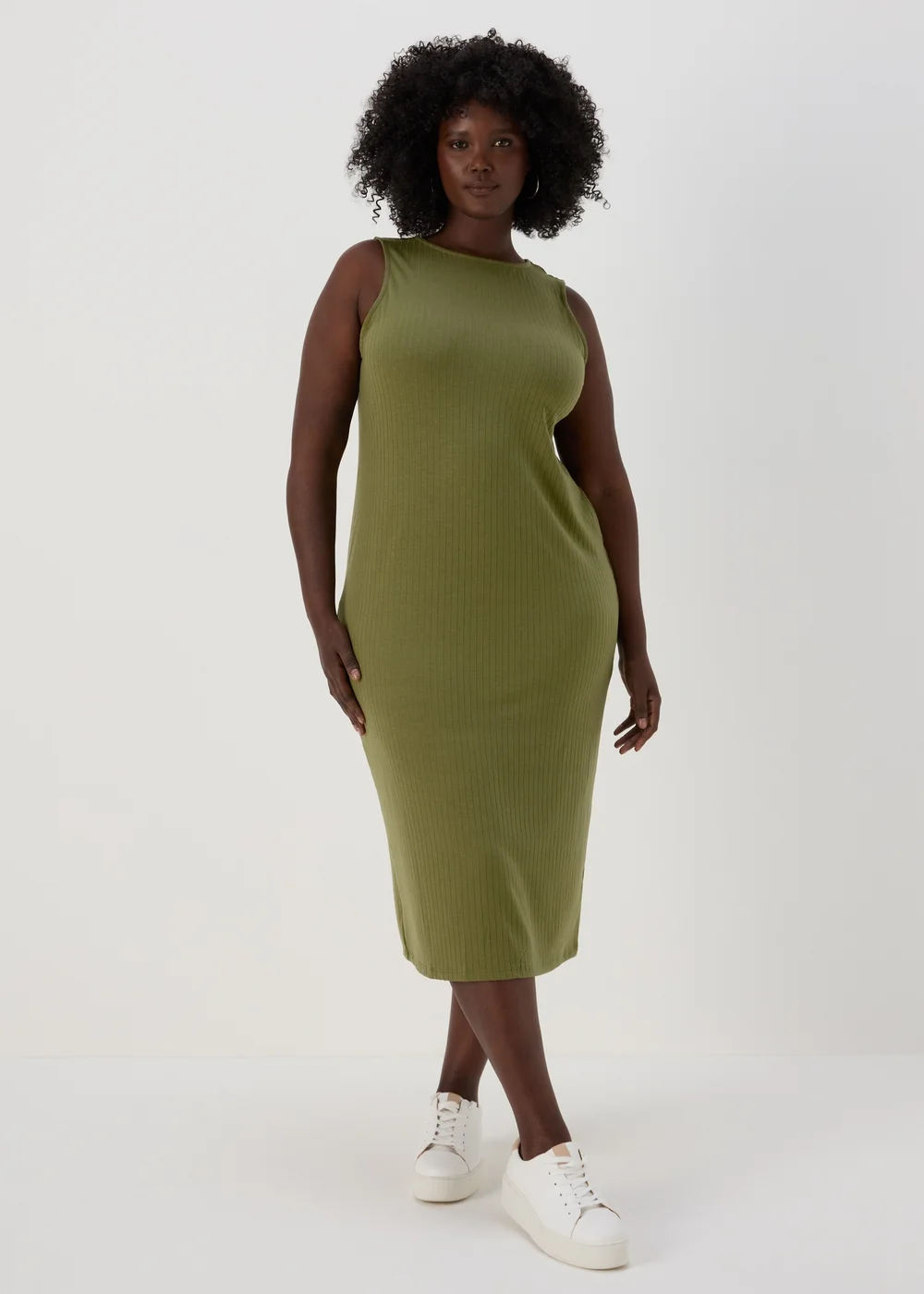 Khaki Racer Ribbed Midi Dress - 8 Image 8