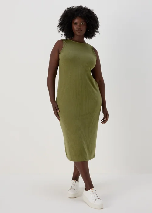Khaki Racer Ribbed Midi Dress - 8 Image 8