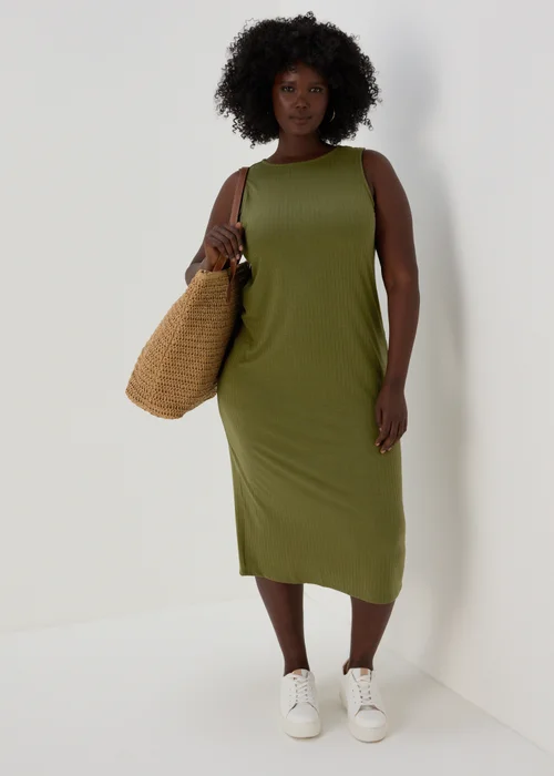 Khaki Racer Ribbed Midi Dress - 8 Image 2
