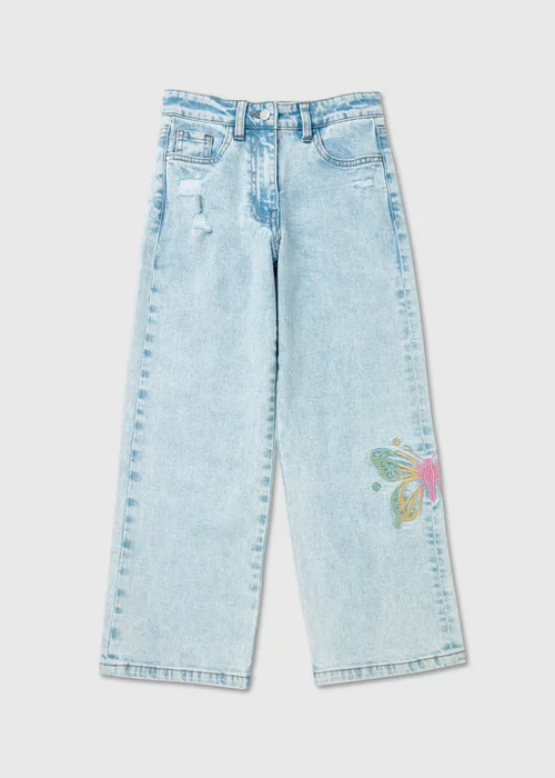 Girls Light Wash Butterfly Design Jeans (7-13yrs) - Age 10 Years Image 1