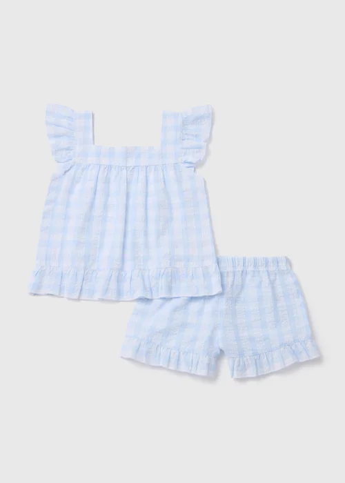 Girls Blue Check Design Woven Frill Pyjama Set (9mths-13yrs) - Age 9 - 12 Months Image 1