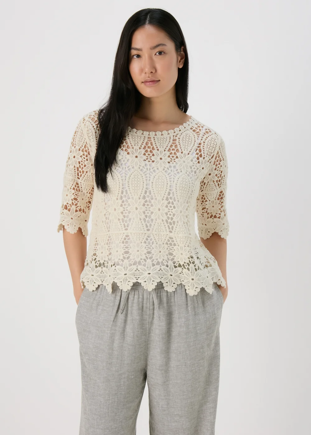 Cream Lace Crochet T Shirt - 8 Image 1