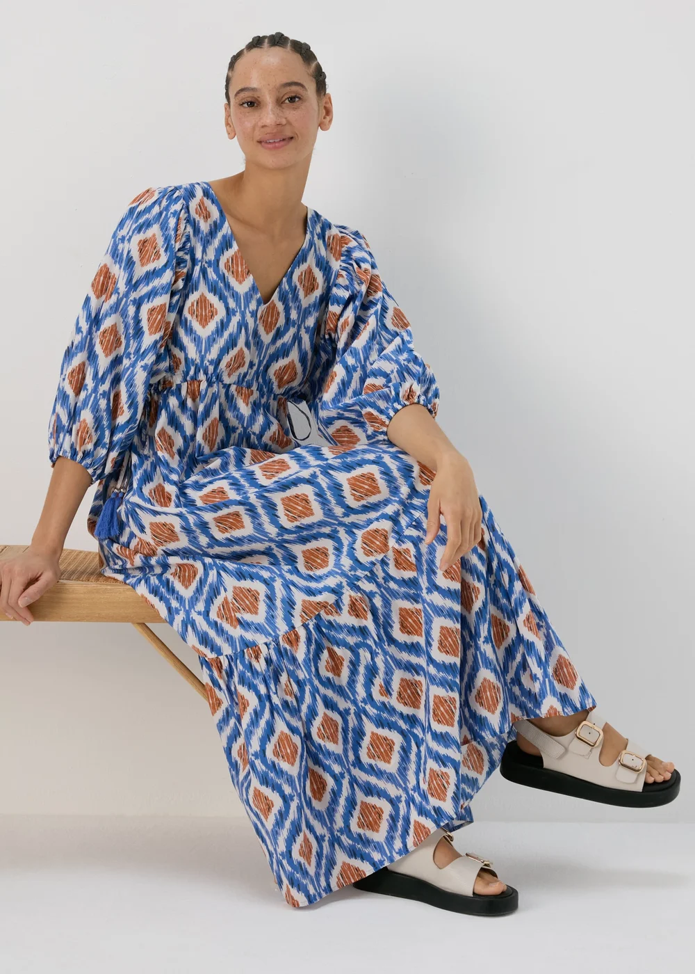 Blue Aztec Print Cotton Midi Dress - 8 Image 1
