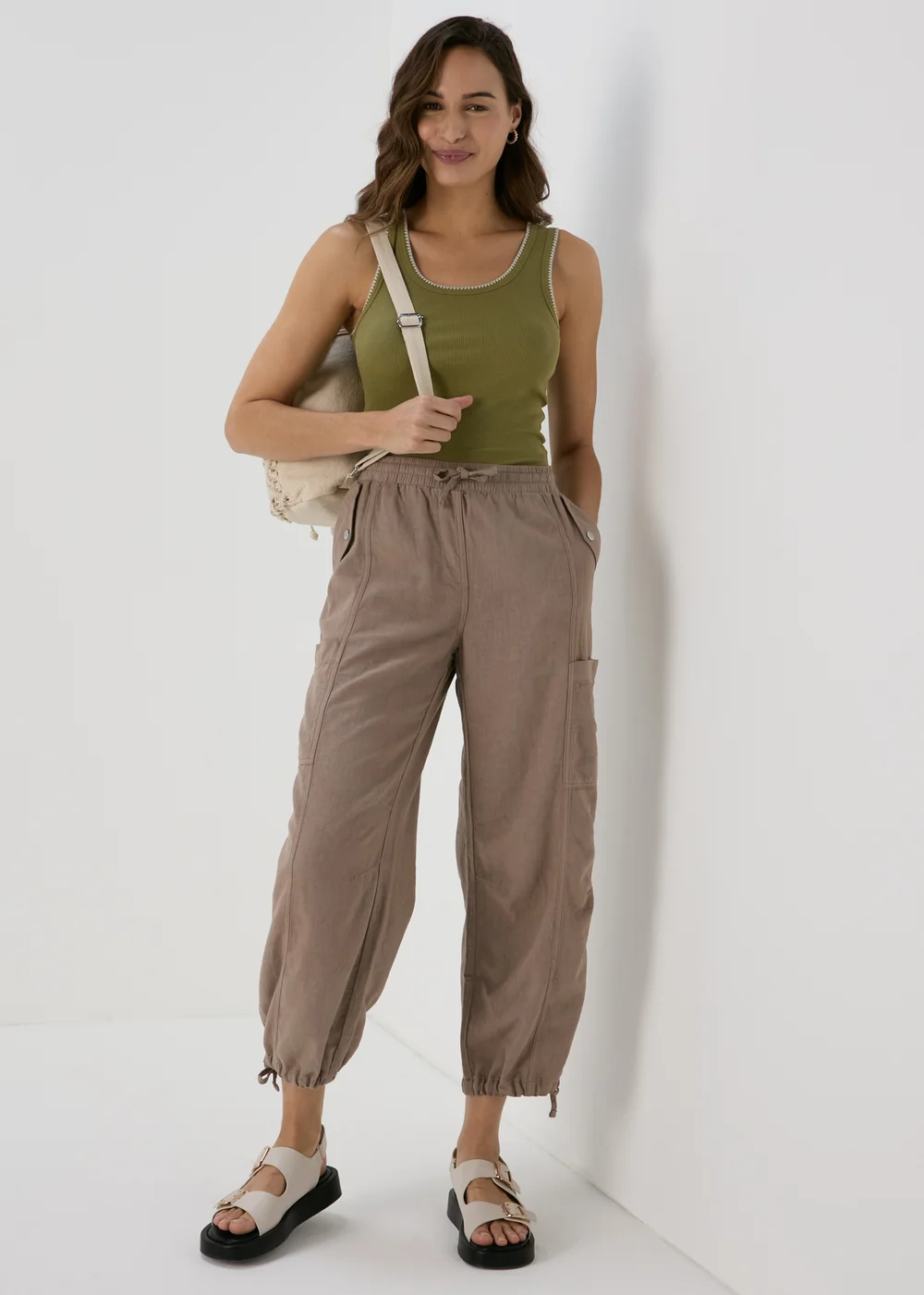 Taupe Linen Parachute Trousers - 8 Image 4