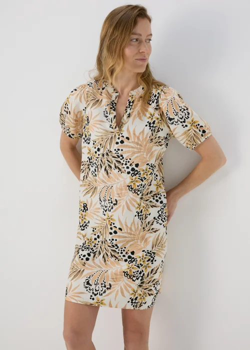 Beige Leaf Print Linen Dress - 8 Image 1