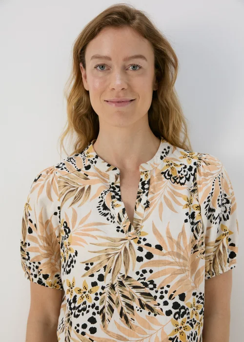 Beige Leaf Print Linen Dress - 8 Image 3