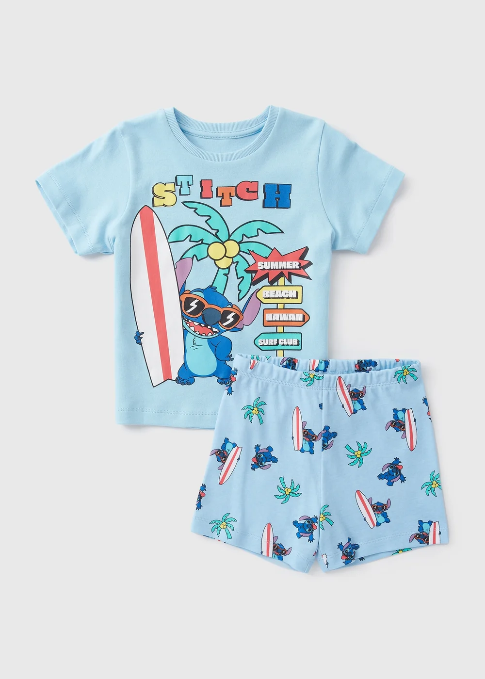 Disney 2 Pack Kids Blue Stitch Top & Shorts Pyjama Set (1-7yrs) - 1 half year to 2 Image 1