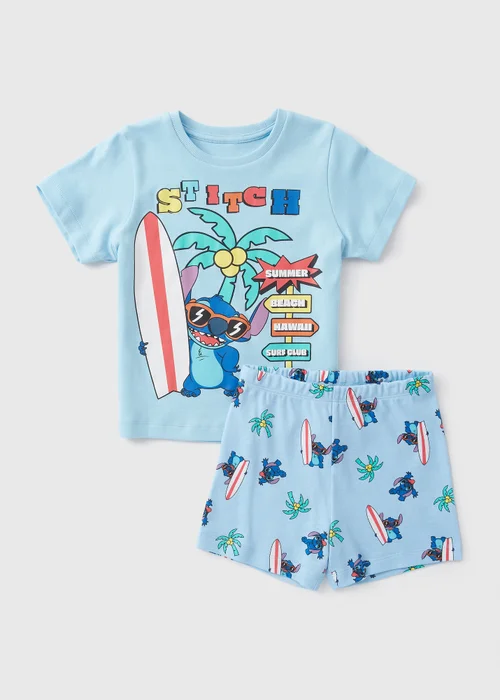 Disney 2 Pack Kids Blue Stitch Top & Shorts Pyjama Set (1-7yrs) - 1 half year to 2 Image 1