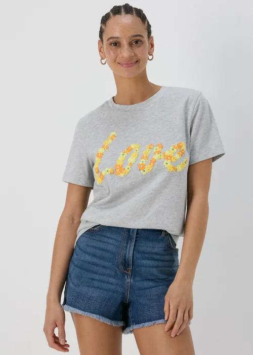 Grey Marl Love Slogan T-Shirt - 8 Image 1