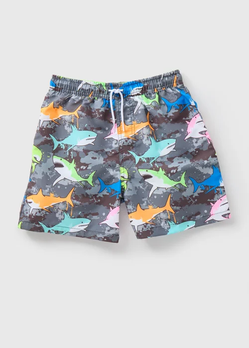 Boys Charcoal Graffiti Shark Swim Shorts (6-11yrs) - 6-7 Yrs Image 1