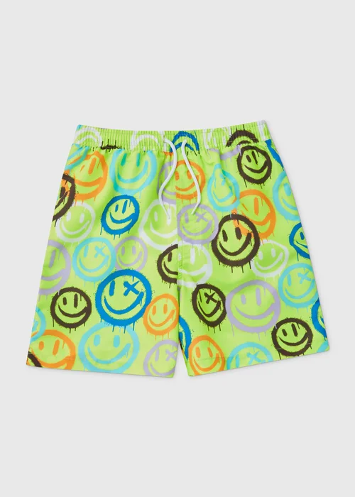 Boys Green Smiley Graffiti Swim Shorts (6-11yrs) - Age 6 - 7 Years Image 1