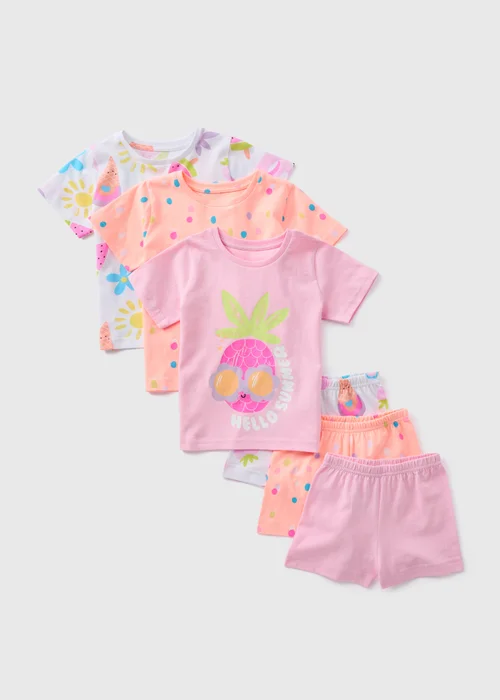 Girls 3 Pack Multicolour Summer Pyjama Sets (9mths-5yrs) - Age 9 - 12 Months Image 1