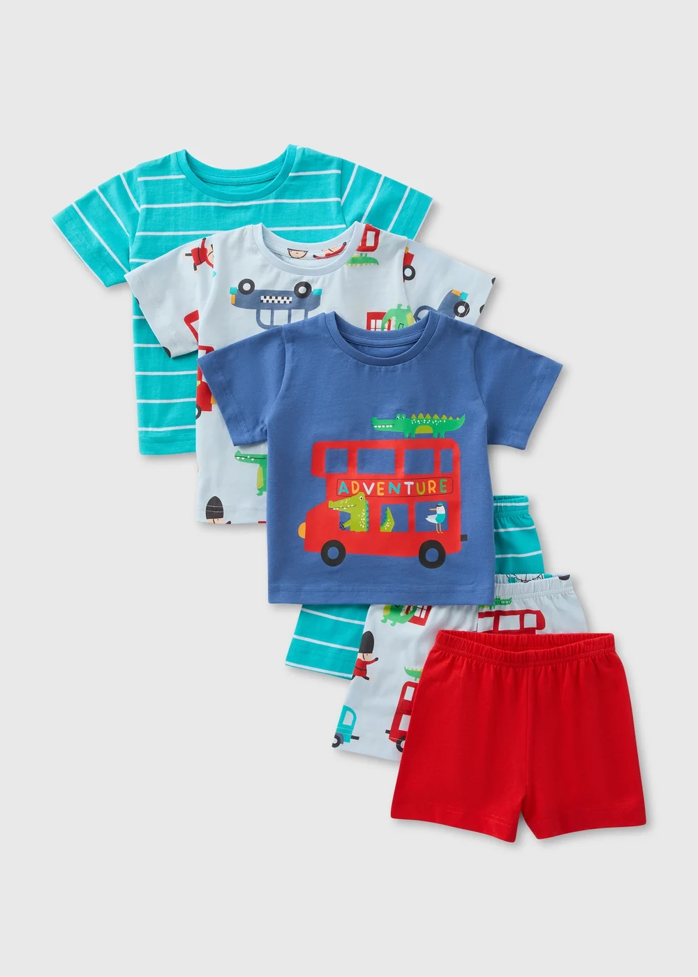 Boys 3 Pack Bus Print T-Shirt & Shorts Pyjama Sets (9mths-5yrs) - Age 18 - 23 Months Image 1