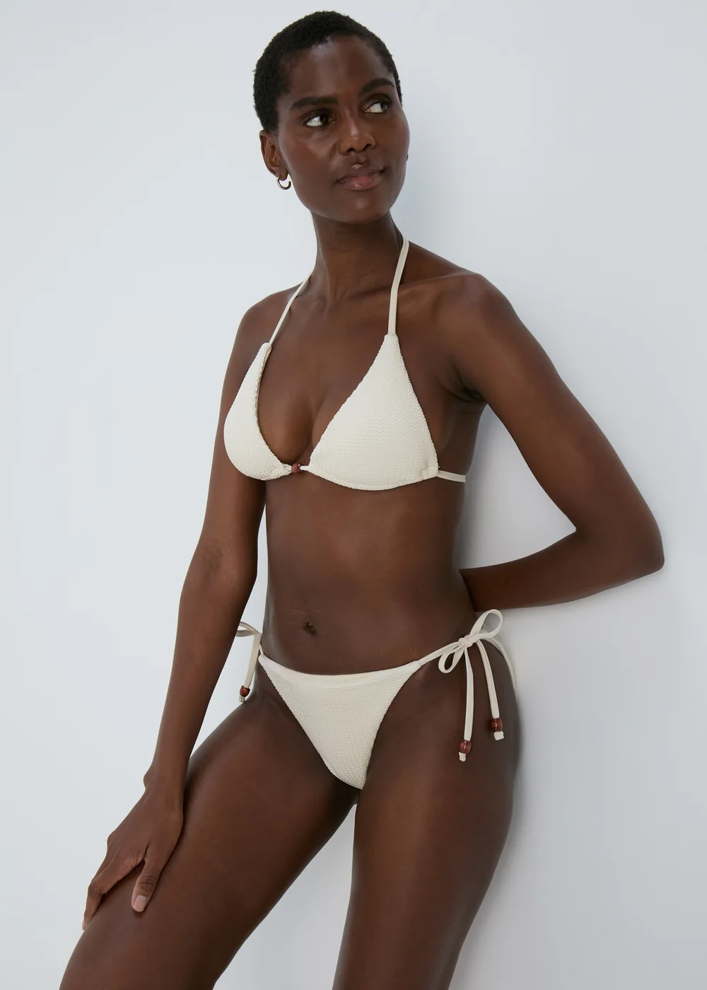 Cream Crochet Textured Triangle Bikini Top - 6 Image 1