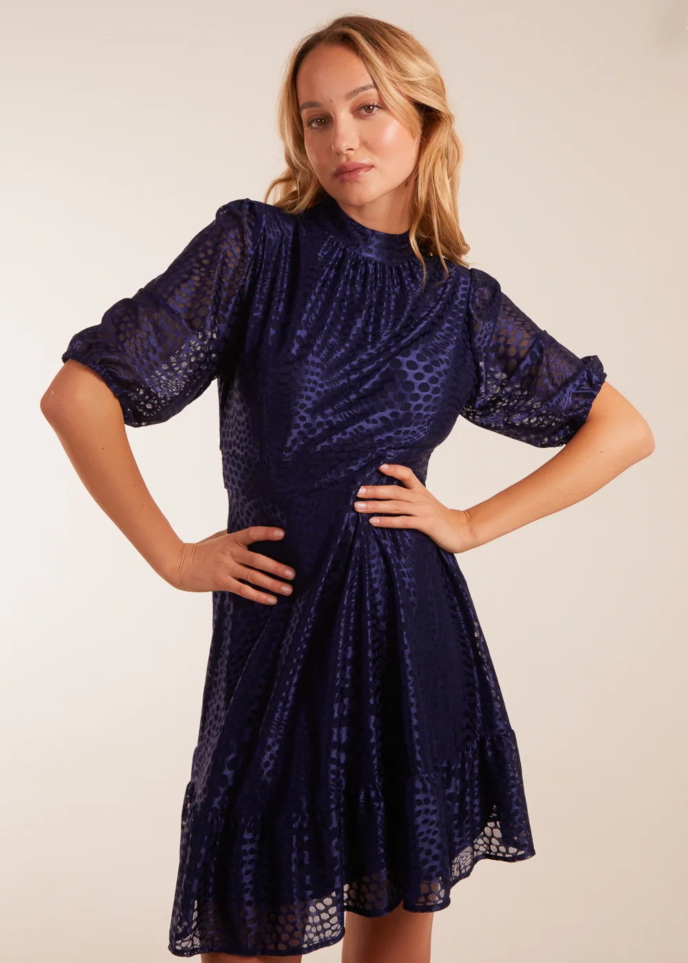 Blue Vanilla Navy Mesh High Neck Tier Dress - 8 Image 3