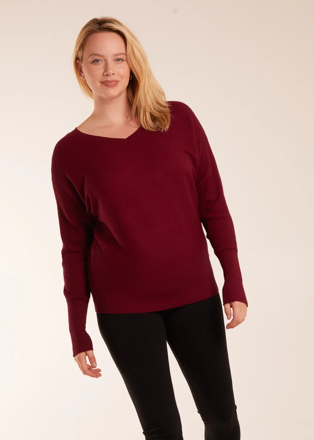 Blue Vanilla Burgundy Curve Rib V-Neck Jumper - L Image 1