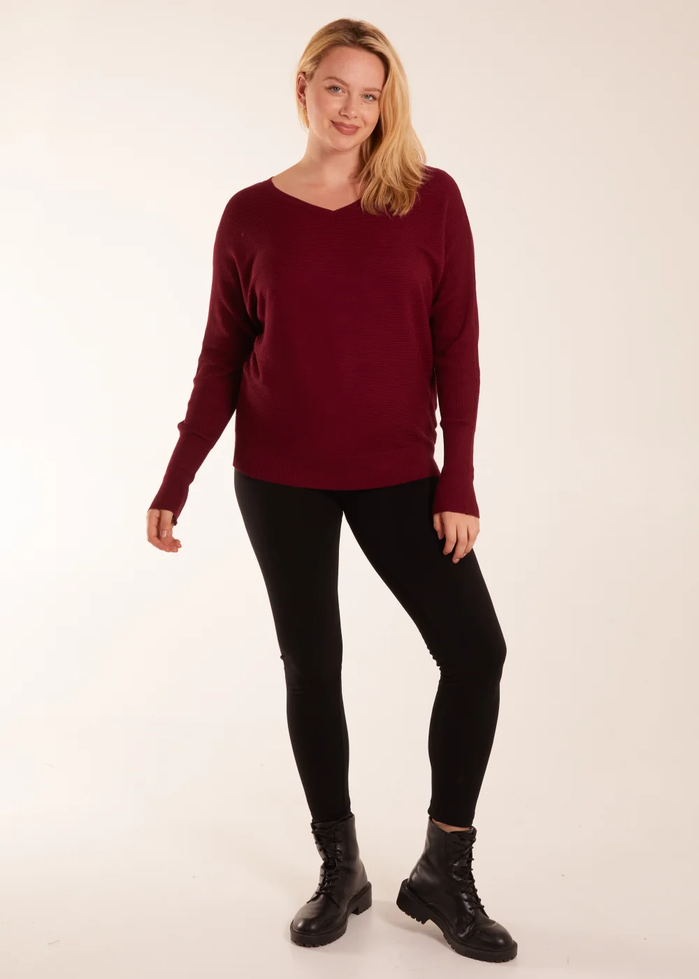 Blue Vanilla Burgundy Curve Rib V-Neck Jumper - L Image 4