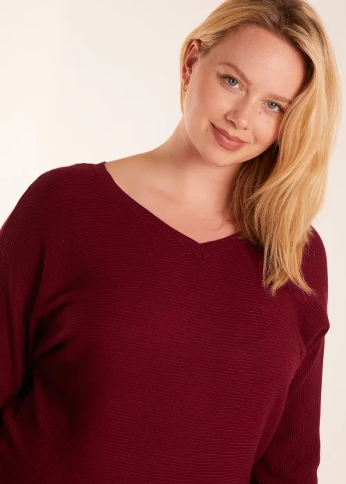 Blue Vanilla Burgundy Curve Rib V-Neck Jumper - L Image 3