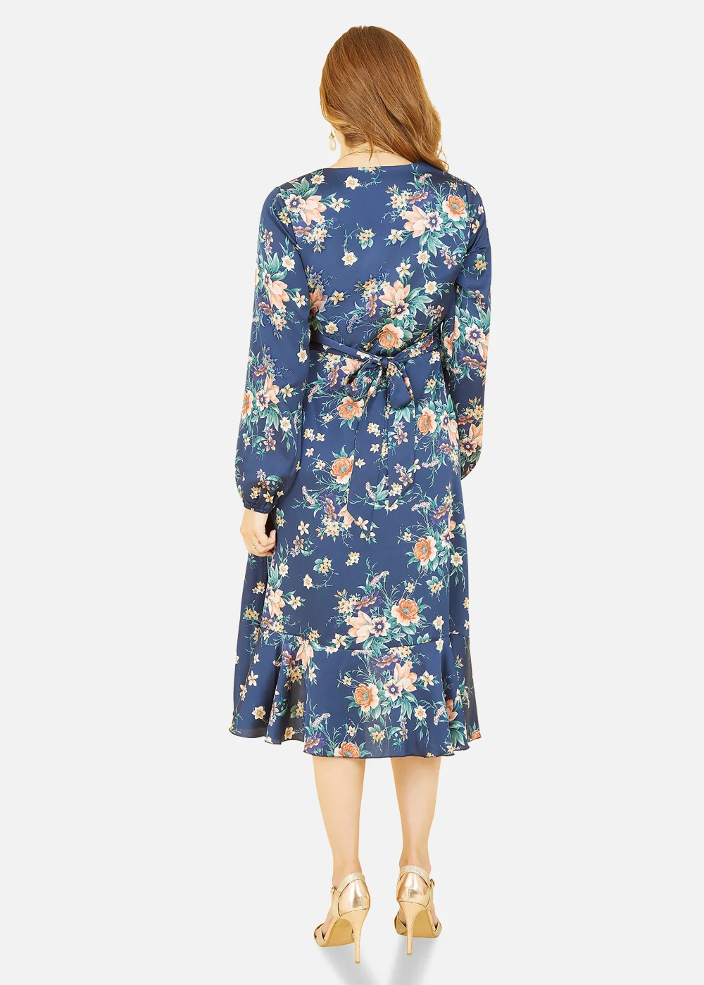 Mela Long Sleeve Floral Print Satin Wrap Dress In Navy - 8 Image 3