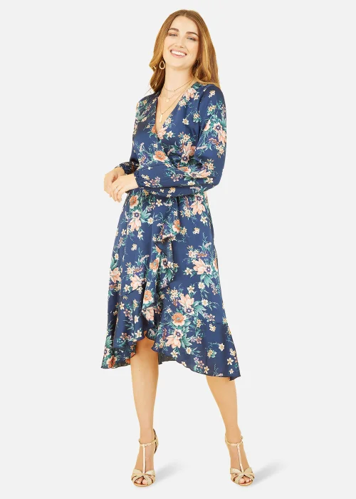 Mela Long Sleeve Floral Print Satin Wrap Dress In Navy - 8 Image 1