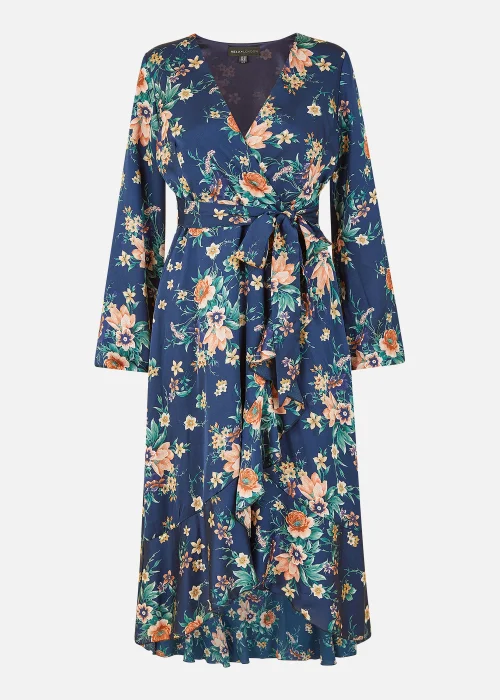 Mela Long Sleeve Floral Print Satin Wrap Dress In Navy - 8 Image 4