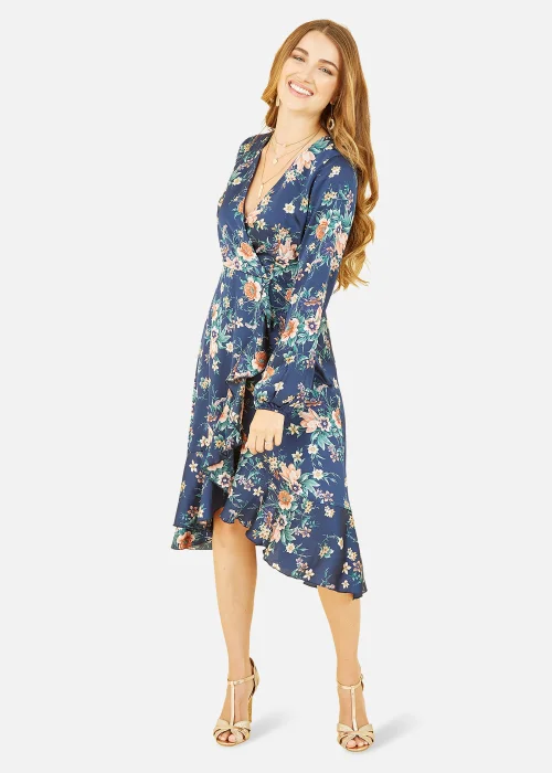 Mela Long Sleeve Floral Print Satin Wrap Dress In Navy - 8 Image 2